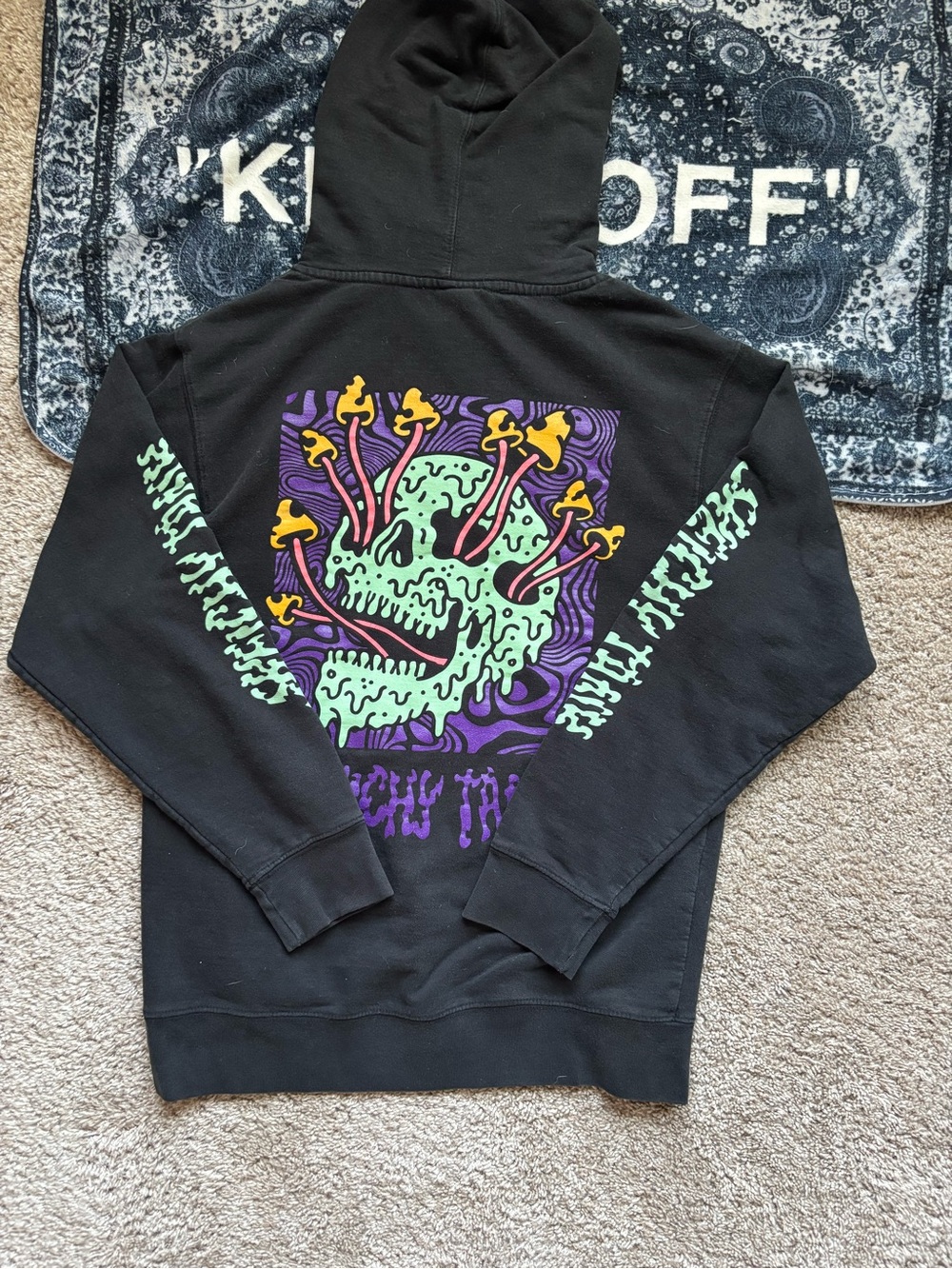 Black Graphic Hoodie with Neon Skull Art